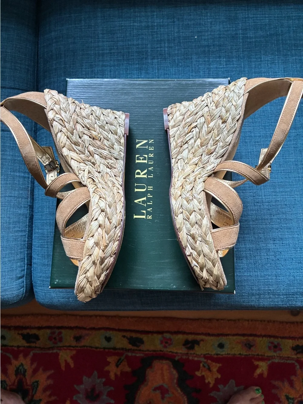 Ralph Lauren Tan Suede Espadrille Wedge Sandals